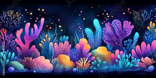 Vibrant Neon Coral Reef Underwater Scene Illustration