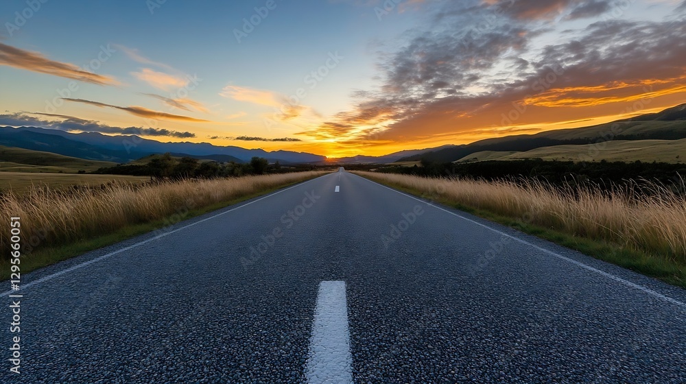 Fototapeta premium Smooth empty road stretching towards a vibrant sunset surrounded by lush fields creates a captivating scene : Generative AI