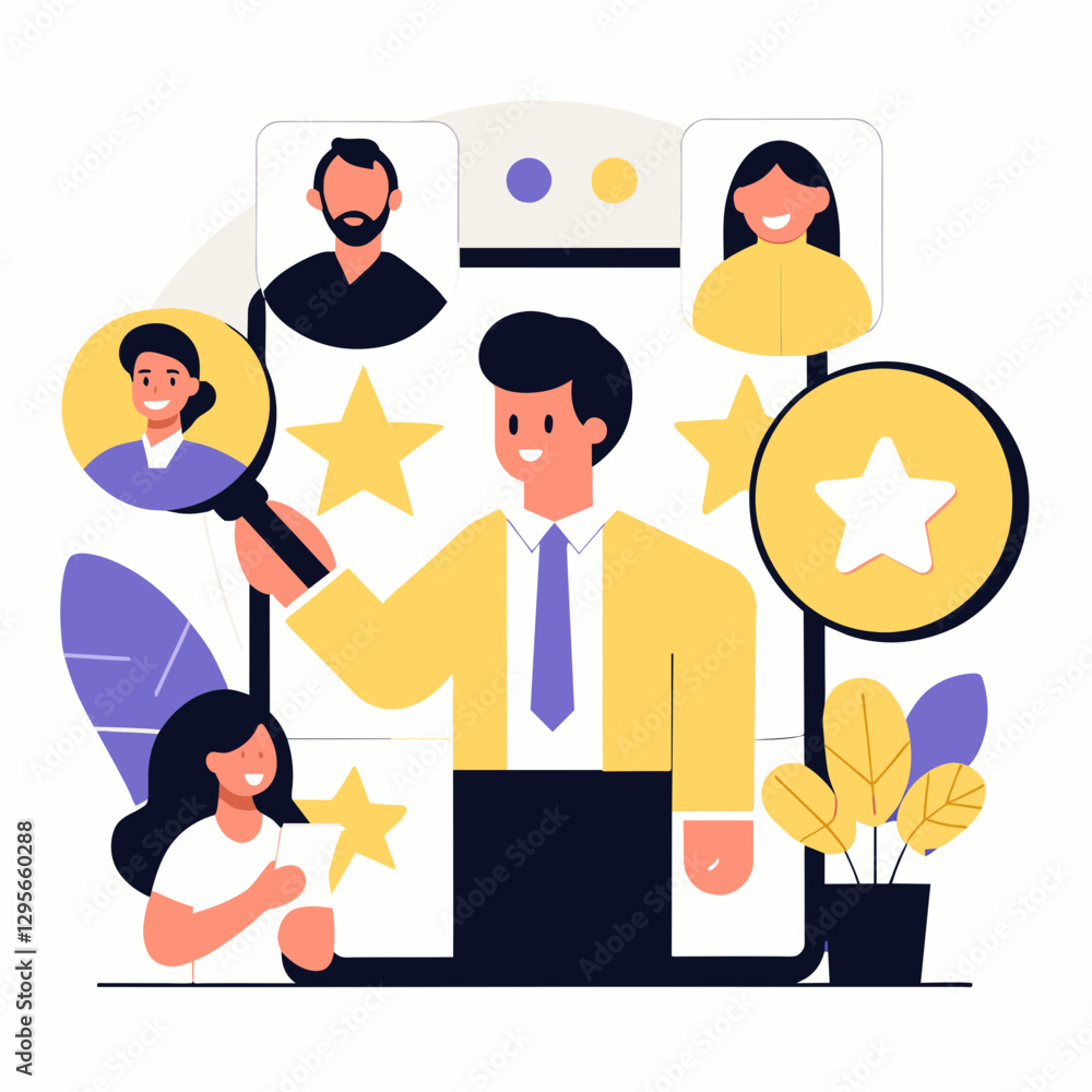 Recruitment and employee selection process showing businessman selecting candidates based on profile icons Recruitment and employee selection process showing businessman selecting candidates based on profile icons
