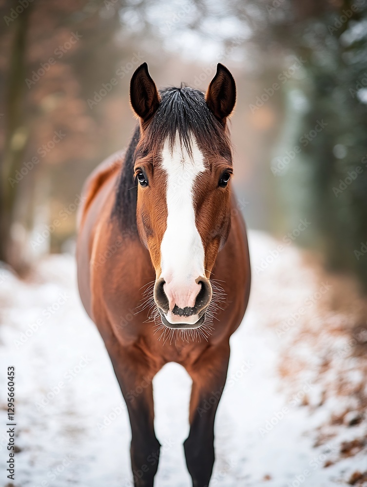 Majestic brown horse standing on a snowy trail surrounded by autumn forest scenery : Generative AI