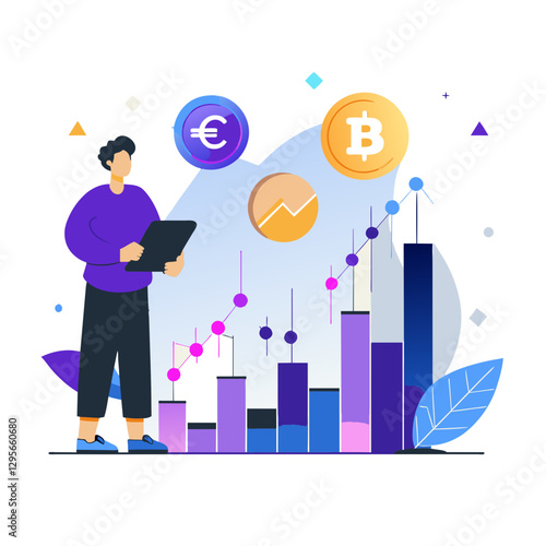 Remote work and project strategy illustration with bearded man on laptop surrounded by flying charts