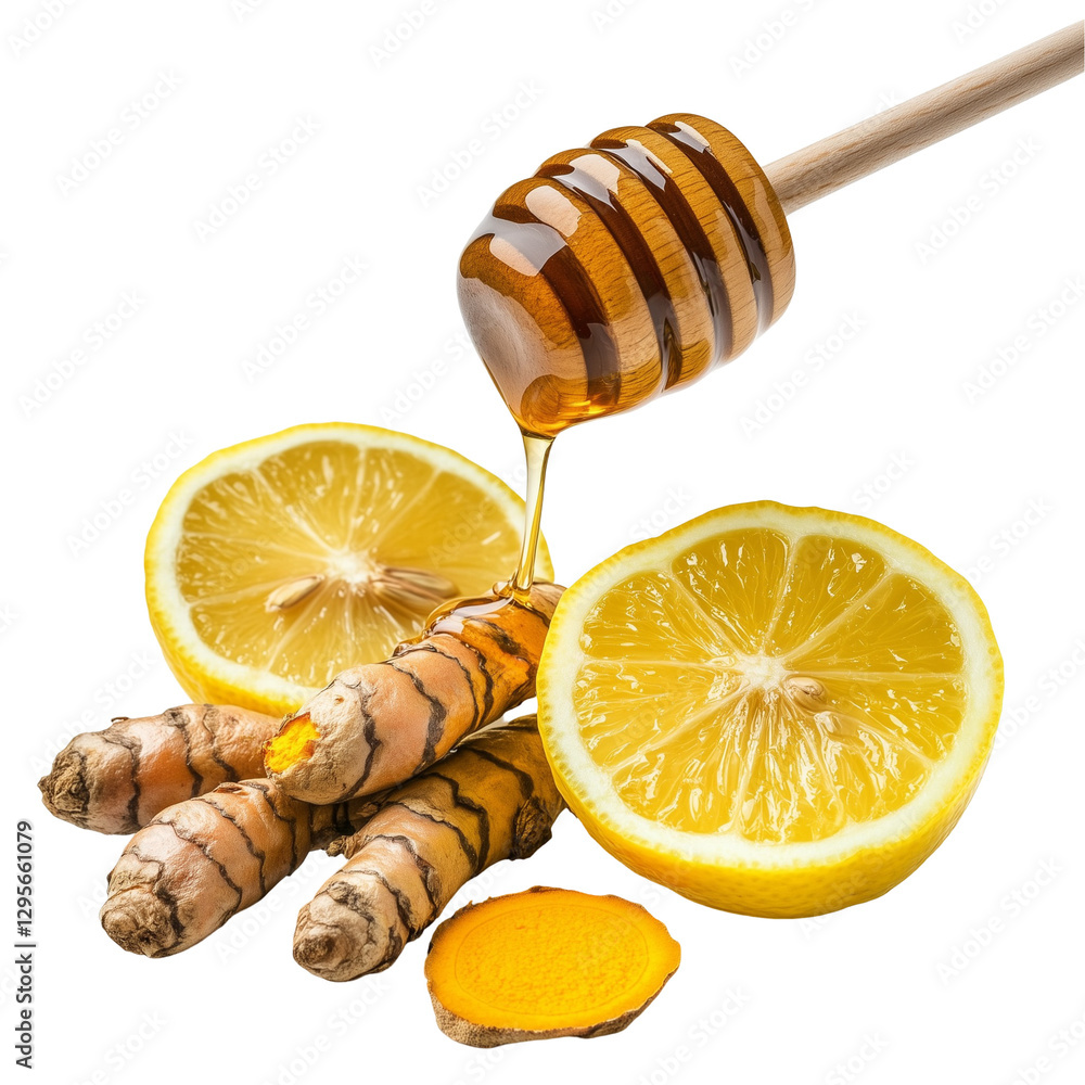 honey dripping onto fresh lemon slices and turmeric roots in a natural, organic environment isolated` honey dripping onto fresh lemon slices and turmeric roots in a natural, organic environment isolated`
