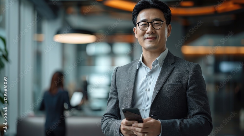 Portrait of a smiling Asian businessman in a suit using a smartphone in a modern office
