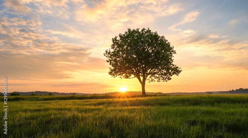 Stunning sunset tree silhouette in peaceful green field under colorful sky : Generative AI Stunning sunset tree silhouette in peaceful green field under colorful sky : Generative AI
