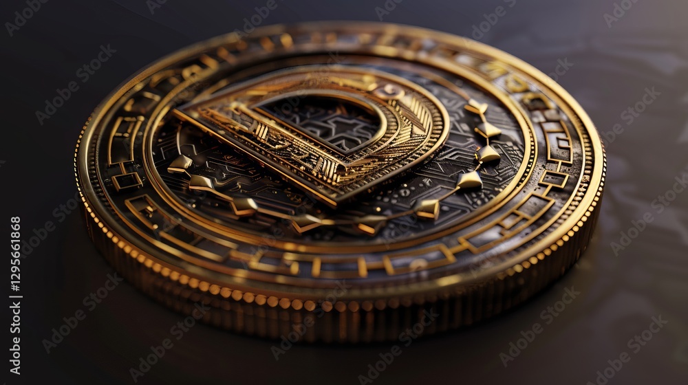 Close-up of a detailed gold coin featuring intricate designs and a prominent letter D, symbolizing wealth and investment. Close-up of a detailed gold coin featuring intricate designs and a prominent letter D, symbolizing wealth and investment.