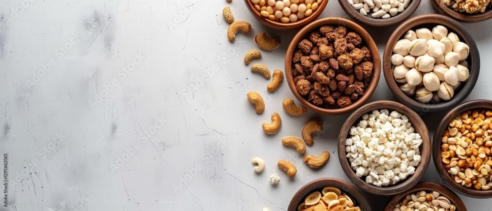 Flat lay composition of healthy snacks and assorted nuts on colorful background. Healthy eating and nutrition concept. Top down aerial view of healthy food and various nut with bowl. Organic. AIG55. Flat lay composition of healthy snacks and assorted nuts on colorful background. Healthy eating and nutrition concept. Top down aerial view of healthy food and various nut with bowl. Organic. AIG55.