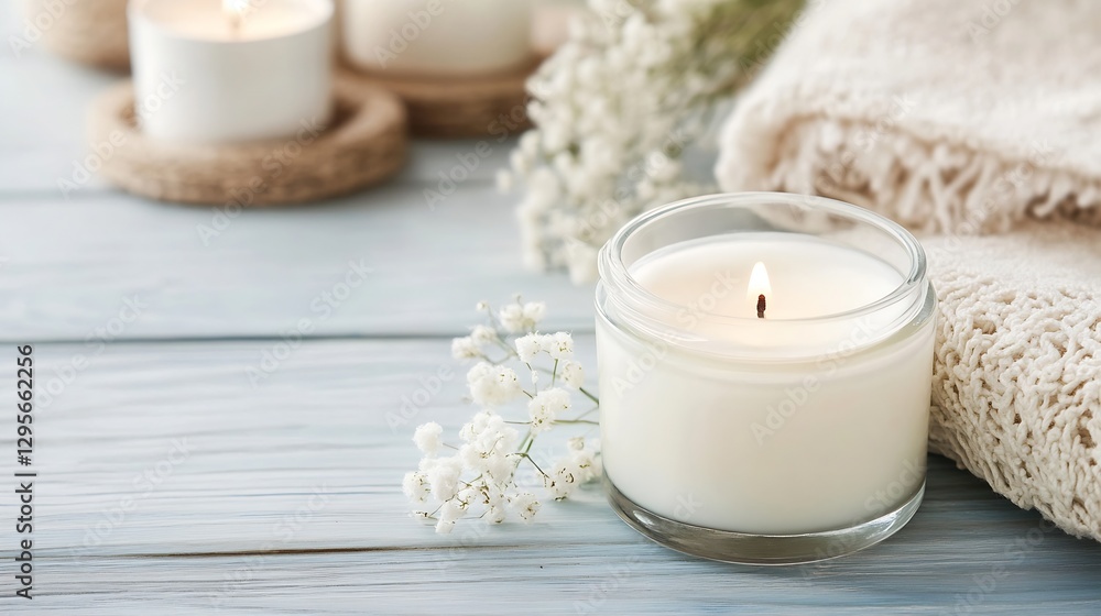 A Beautifully Lit White Candle Surrounded by Decorative Elements on a Cozy Table : Generative AI A Beautifully Lit White Candle Surrounded by Decorative Elements on a Cozy Table : Generative AI