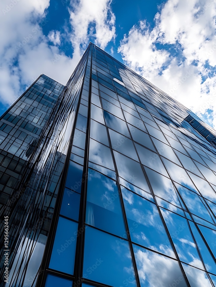 Obraz premium Majestic View of Modern Glass Buildings Reflecting a Blue Sky with Fluffy Clouds : Generative AI