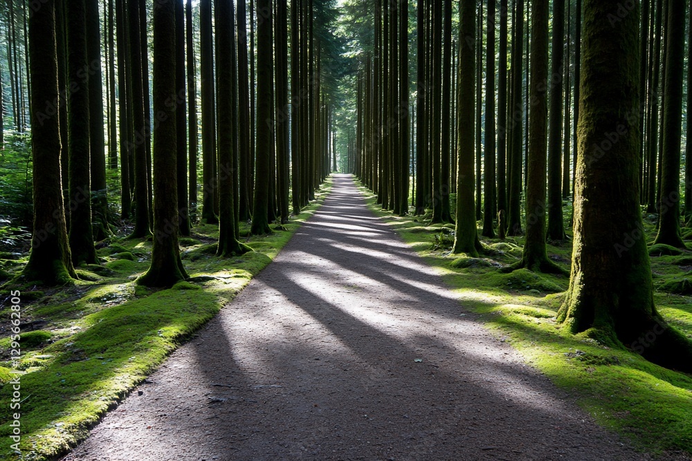 Sunlit path through a tall, moss-covered evergreen forest. Sunlit path through a tall, moss-covered evergreen forest.