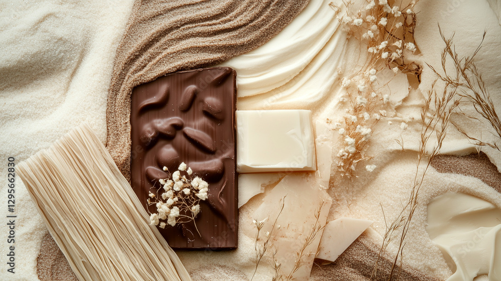 Fototapeta premium Intricate arrangement of chocolate, flowers, and natural elements on a textured surface highlights a harmonious composition of flavors and aesthetics