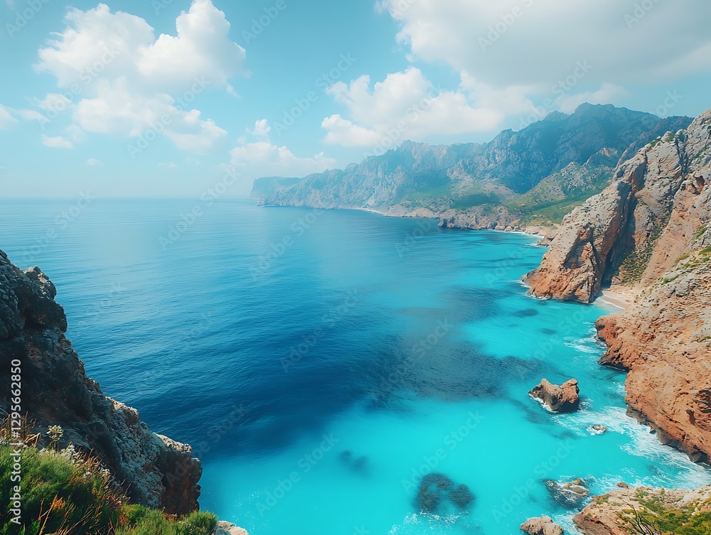 Fototapeta premium Coastal Cliffs, Turquoise Water, Sunny Day