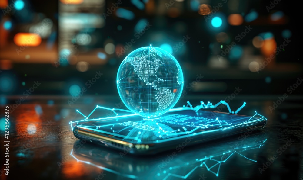 Global Network Hologram Projected On Smartphone Screen