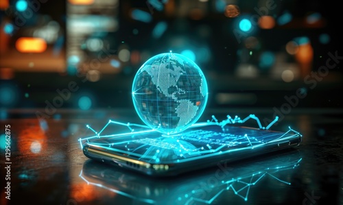 Obraz na płótnie Global Network Hologram Projected On Smartphone Screen w salonie