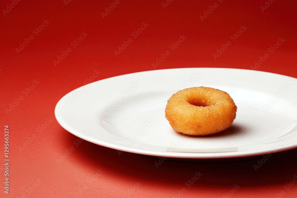 Single Donut on White Plate Against Red Background in Minimalist Style Single Donut on White Plate Against Red Background in Minimalist Style