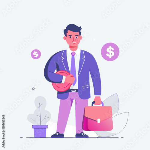 Businessman traveling with suitcase for office work and corporate meeting in modern professional lifestyle illustration
