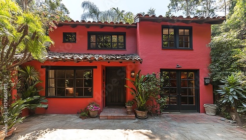 Red house, lush garden, sunny courtyard
