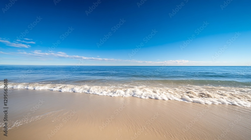 Fototapeta premium Peaceful beach view with clear blue water gently lapping against the sandy shore under bright skies : Generative AI