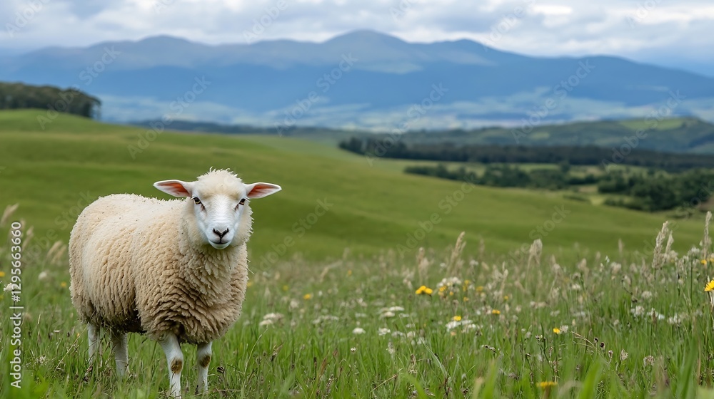 Adorable Sheep Grazing in Lush Green Pasture with Serene Mountains in Background : Generative AI Adorable Sheep Grazing in Lush Green Pasture with Serene Mountains in Background : Generative AI