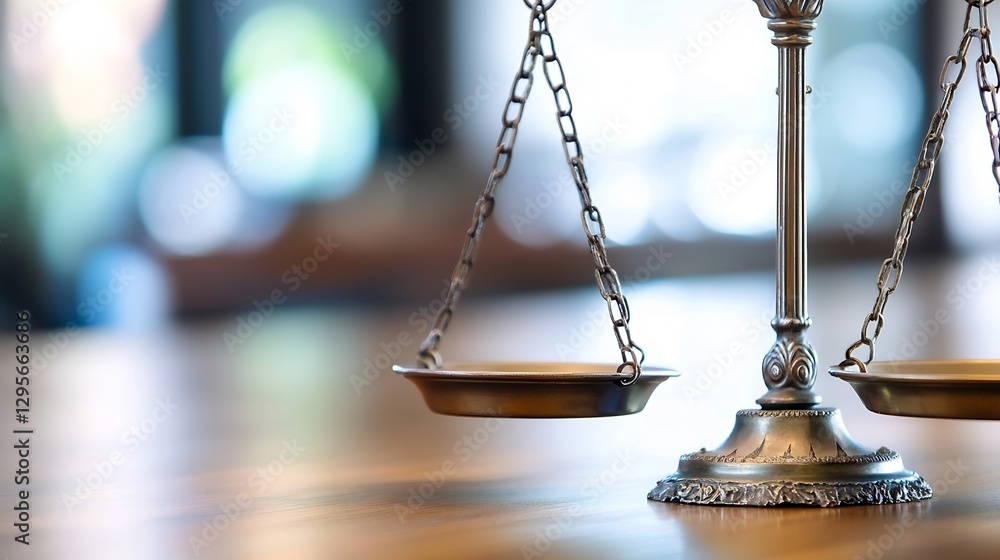 Elegant and Traditional Brass Balance Scale on Wooden Table in an Office Setting : Generative AI
