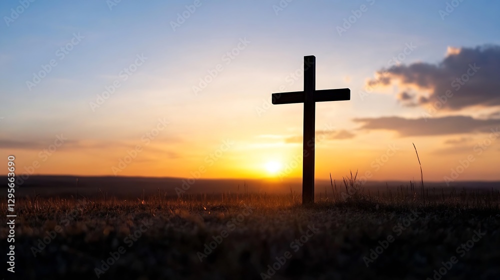 Silhouette of a wooden cross against a sunset backdrop illuminating the field and landscape in a serene atmosphere : Generative AI Silhouette of a wooden cross against a sunset backdrop illuminating the field and landscape in a serene atmosphere : Generative AI