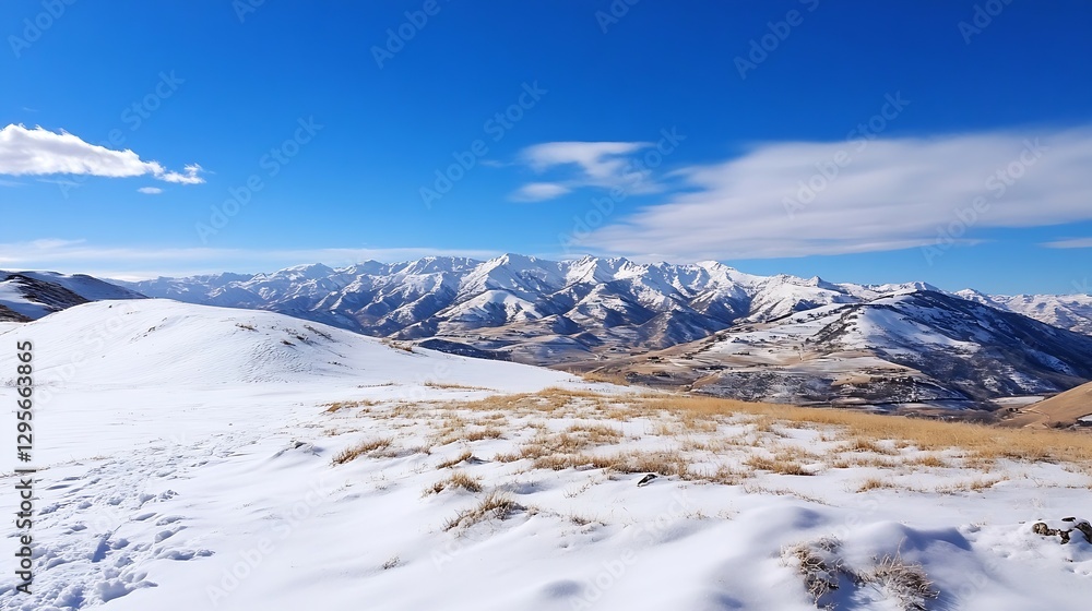 Obraz premium Breathtaking Snowy Mountain Landscape Under Clear Blue Sky with Rolling Hills : Generative AI