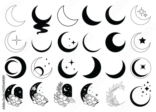 Moon, stars, moon phases, crystals, magic symbols. Vector set in oriental style. Line hand drawn illustration. Moon icons, moon design. Muslim arabian symbol. Shapes for design. Vector lunar set, sun