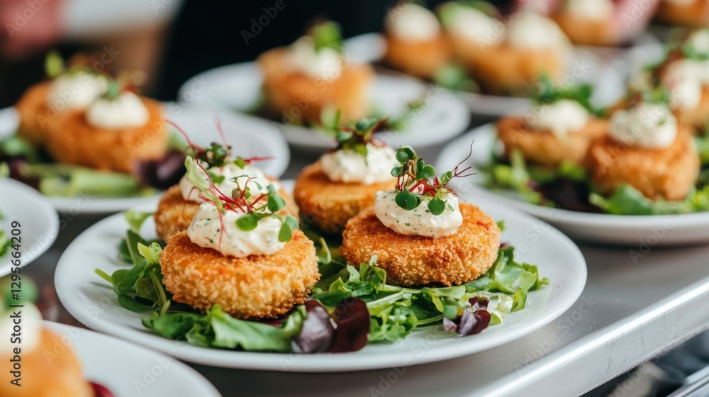 Close up of crab cakes appetizers on plates with greens and sauce. Catering concept. Close up of crab cakes appetizers on plates with greens and sauce. Catering concept.