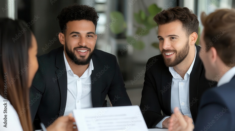 Digital transformation efficiency through big data. Business meeting with smiling professionals engaged in conversation.