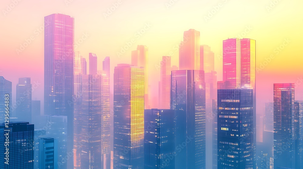 A cyberpunk city skyline at dawn, skyscrapers reflecting a dreamy gradient of soft pink, golden yellow, and deep indigo under the early morning light. A cyberpunk city skyline at dawn, skyscrapers reflecting a dreamy gradient of soft pink, golden yellow, and deep indigo under the early morning light.