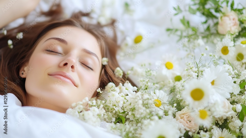Peaceful Moment of Young Woman Lying in Bed Surrounded by Fresh Flowers : Generative AI Peaceful Moment of Young Woman Lying in Bed Surrounded by Fresh Flowers : Generative AI