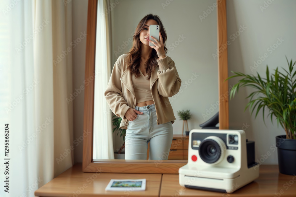 Modern Self Portrait. Young woman taking mirror selfie with smartphone while vintage polaroid camera and instant photo rest on wooden table.