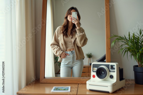 Obraz na płótnie Modern Self Portrait. Young woman taking mirror selfie with smartphone while vintage polaroid camera and instant photo rest on wooden table. w salonie
