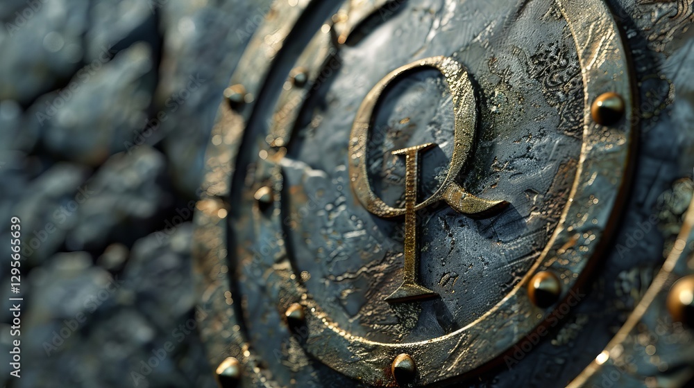 Close-up of a textured metallic emblem with intricate detailing and a deep blue background. Close-up of a textured metallic emblem with intricate detailing and a deep blue background.