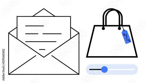 Open envelope with a letter, shopping bag with a price tag, and slider bar. Ideal for digital communication, e-commerce, online shopping, mail services, marketing, sales customer engagement