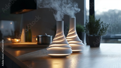 In a stylish kitchen, two elegantly designed vaporizers release gentle steam, casting a warm glow in the evening light. The serene atmosphere invites relaxation and comfort photo