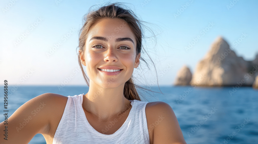 Indonesian woman wearing sleeveless t-shirt sitting on a boat at Cabo San Lucas Indonesian woman wearing sleeveless t-shirt sitting on a boat at Cabo San Lucas