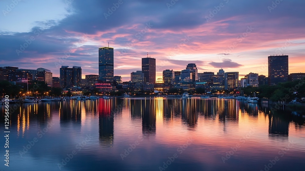 Vibrant city skyline reflecting on water during stunning sunset with dramatic clouds : Generative AI Vibrant city skyline reflecting on water during stunning sunset with dramatic clouds : Generative AI