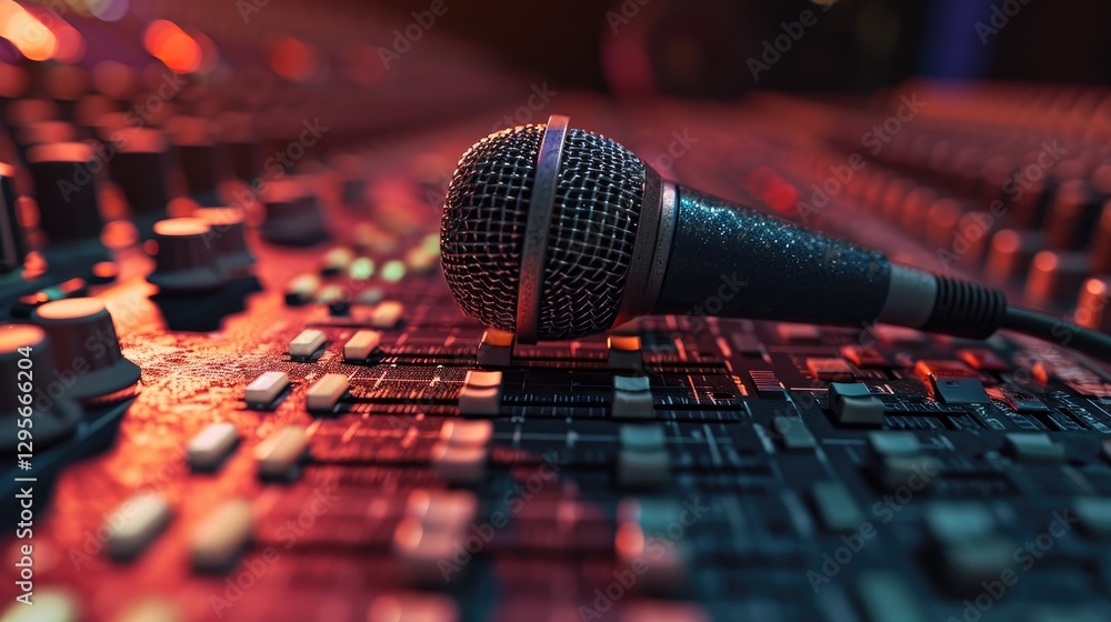Close-up shot of a microphone resting on a sound mixing console in a dimly lit studio.