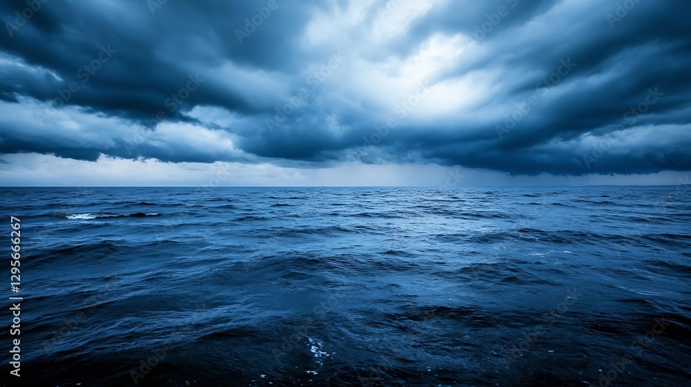 Fototapeta premium Dramatic Ocean Scene with Dark Storm Clouds Over Calm Blue Water : Generative AI