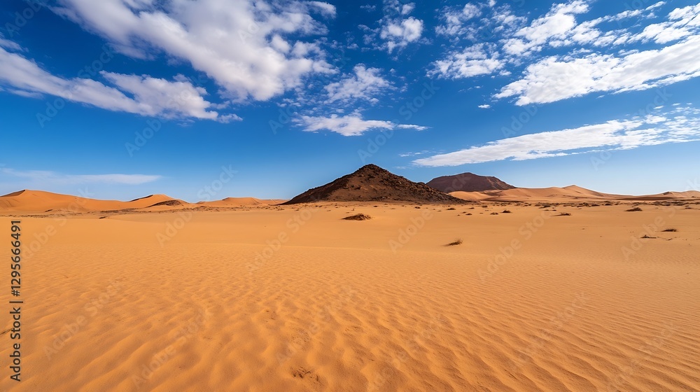 Vast Desert Landscape Under Clear Blue Sky with Rolling Sand Dunes and Sparse Vegetation : Generative AI