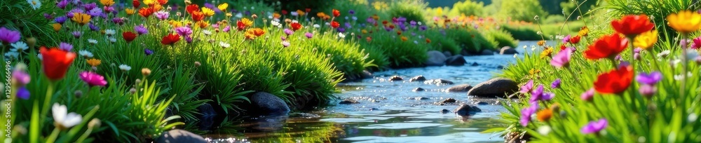 Gentle streams weave through a tapestry of colorful wildflowers, stream, peaceful Gentle streams weave through a tapestry of colorful wildflowers, stream, peaceful
