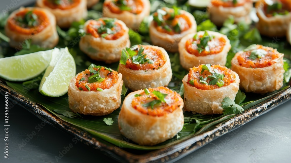 Delicious appetizers with orange filling and lime on a plate. Perfect for catering, events, or parties. Delicious appetizers with orange filling and lime on a plate. Perfect for catering, events, or parties.