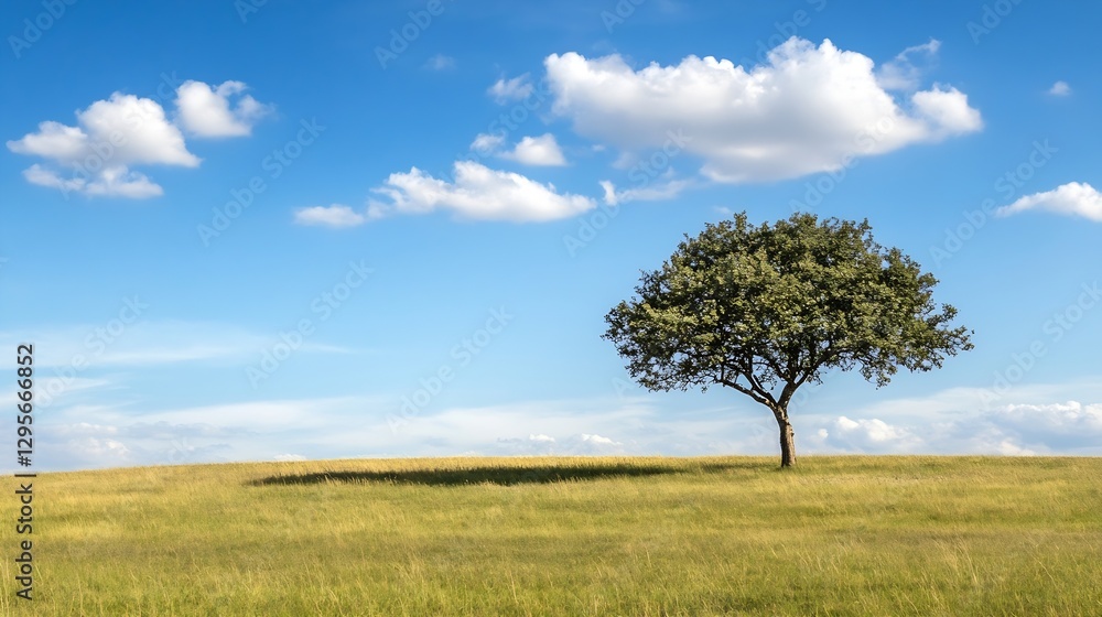 Lone Tree on Green Meadow with Blue Sky and Fluffy Clouds in the Background : Generative AI Lone Tree on Green Meadow with Blue Sky and Fluffy Clouds in the Background : Generative AI