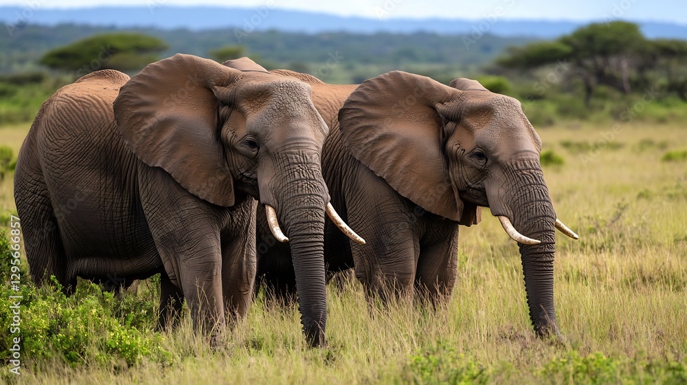 Fototapeta premium Two majestic elephants standing gracefully in a lush green field under a blue sky : Generative AI