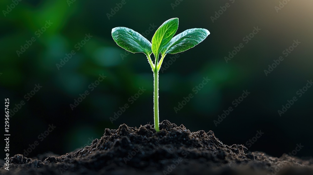A small green plant with three leaves emerges from the soil