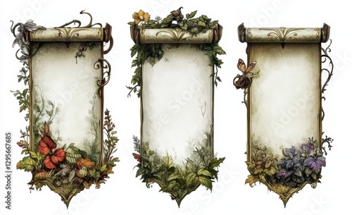 Three ornate scrolls with floral and botanical borders