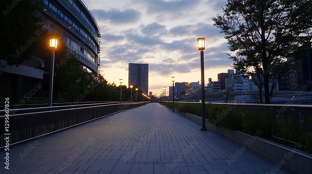 Fototapeta premium Urban Pathway Illuminated By Street Lamps At Dusk Amidst City Vibes : Generative AI