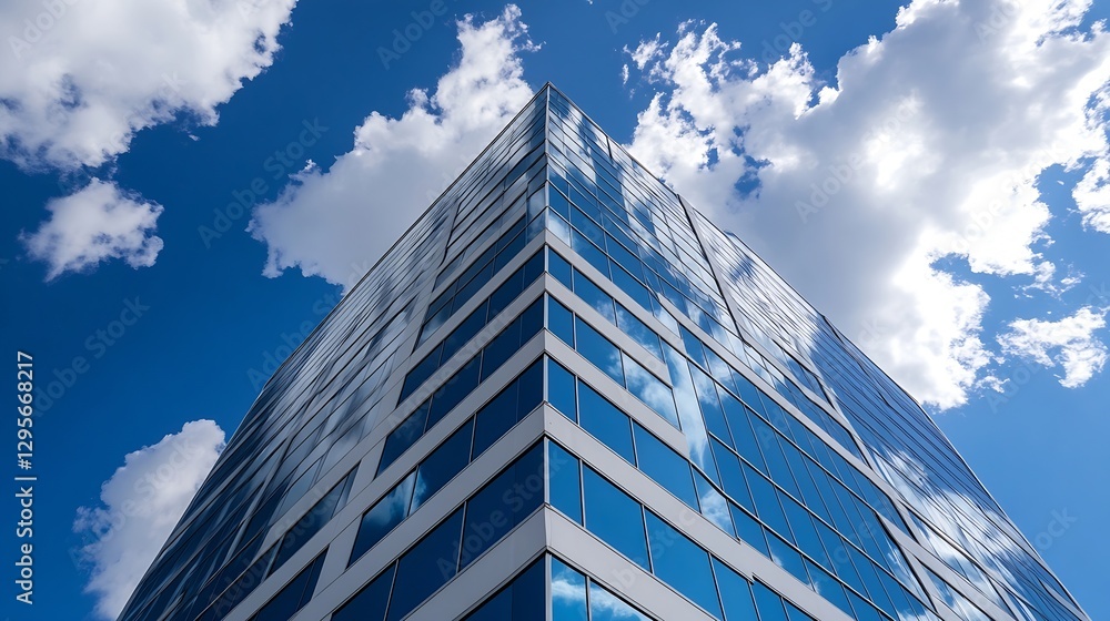 Modern Glass Building Against Blue Sky with Fluffy Clouds and Reflective Windows : Generative AI Modern Glass Building Against Blue Sky with Fluffy Clouds and Reflective Windows : Generative AI