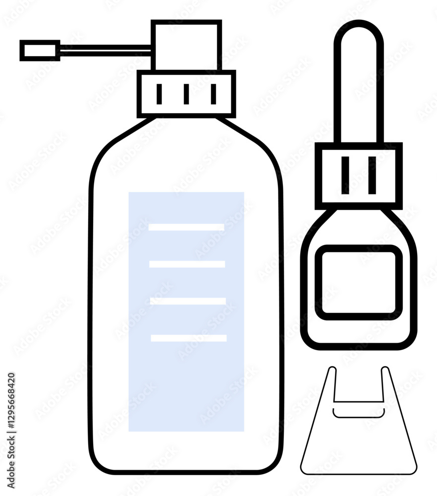 Two black-line drawings of a bottled hand sanitizer spray, a smaller drop dispenser, and a cap. Ideal for hygiene, personal care, health, cleanliness, medical use, daily routine portable solutions Two black-line drawings of a bottled hand sanitizer spray, a smaller drop dispenser, and a cap. Ideal for hygiene, personal care, health, cleanliness, medical use, daily routine portable solutions