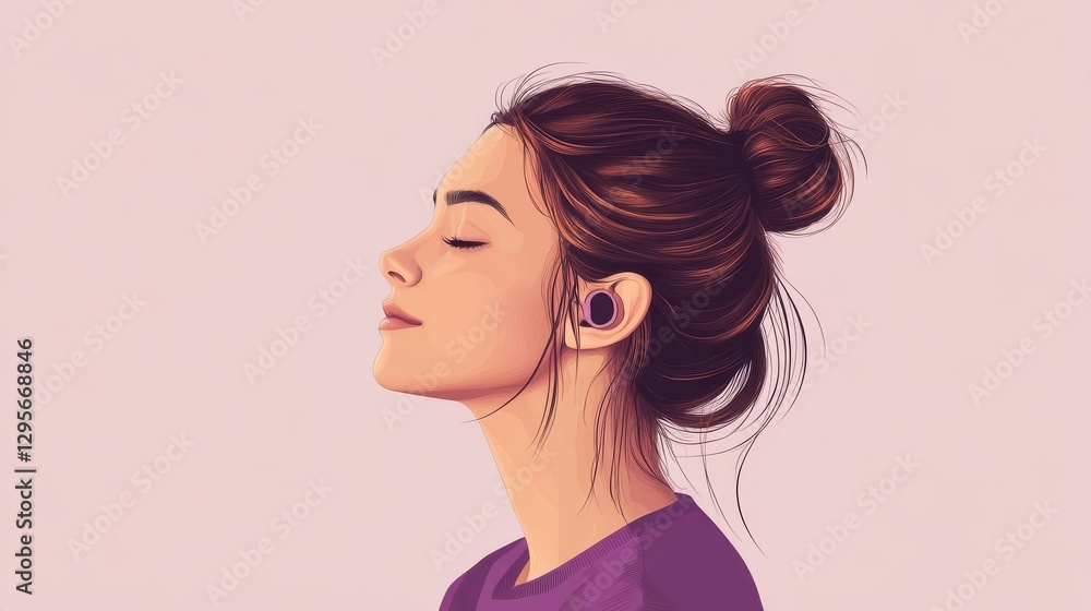 minimalist vector illustration, side profile of woman with brown hair bun, wearing purple top, listening to binaural microphone, closed eyes, relaxed expression, soft color palette, clean lines, minimalist vector illustration, side profile of woman with brown hair bun, wearing purple top, listening to binaural microphone, closed eyes, relaxed expression, soft color palette, clean lines,